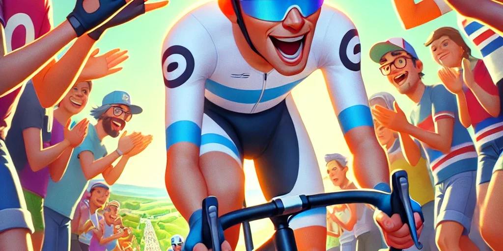 DALL·E 2025-01-23 20.13.14 – A vibrant and dynamic animated scene in the style of Pixar, depicting a cyclist wearing white and blue professional gear with a helmet, riding through Telefónica y deporte