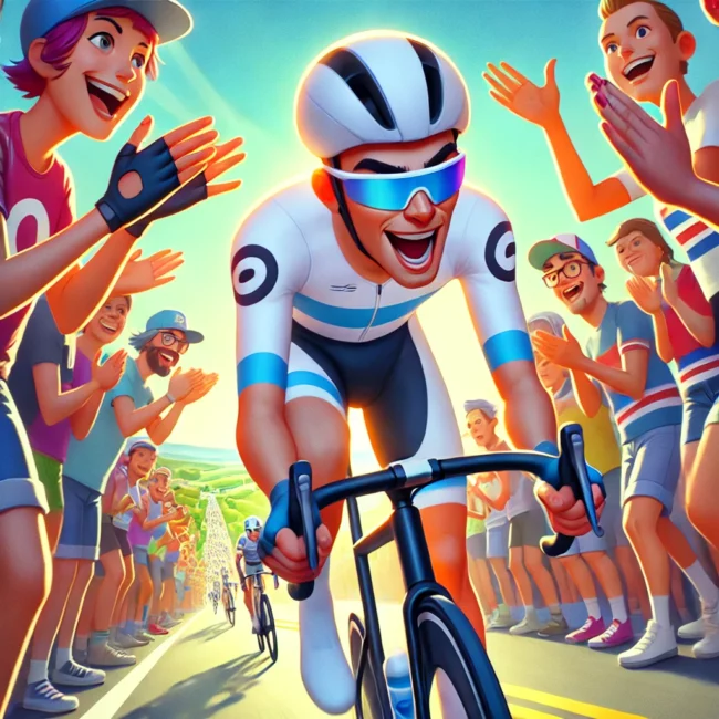 DALL·E 2025-01-23 20.13.14 – A vibrant and dynamic animated scene in the style of Pixar, depicting a cyclist wearing white and blue professional gear with a helmet, riding through Telefónica y deporte